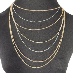 Gold Silver 3-Tone 7 Strand Choker Layered Necklace Jewelry Lobster Clasp